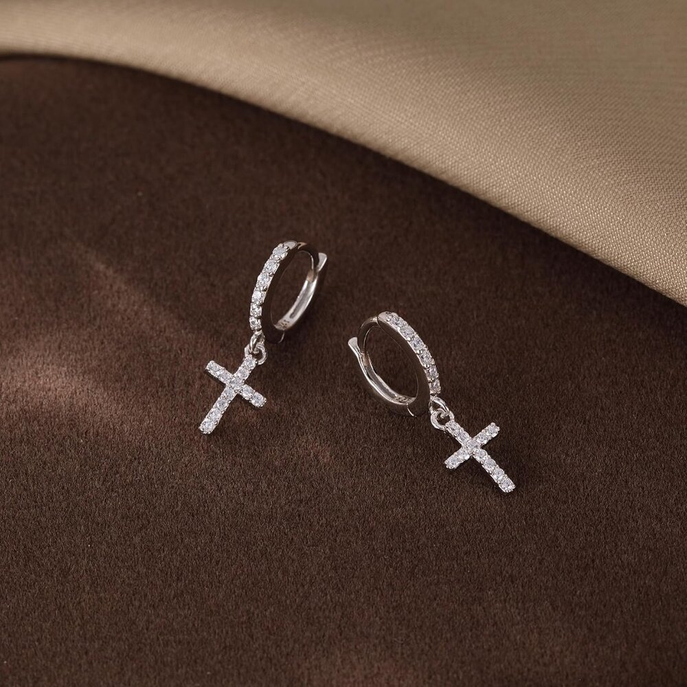 Solid 925 Sterling Silver Cross Hoop Earrings For… - image 5